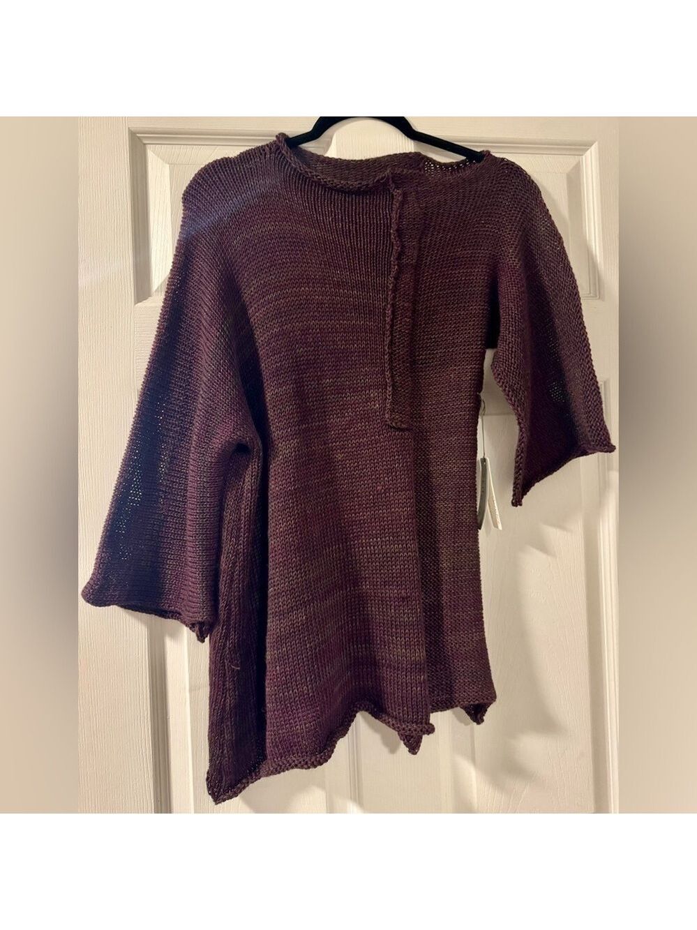 Skifo Women Purple Crochet Cowl Neck 3/4 Sleeve Cropped asymmetrical Sweater NWT